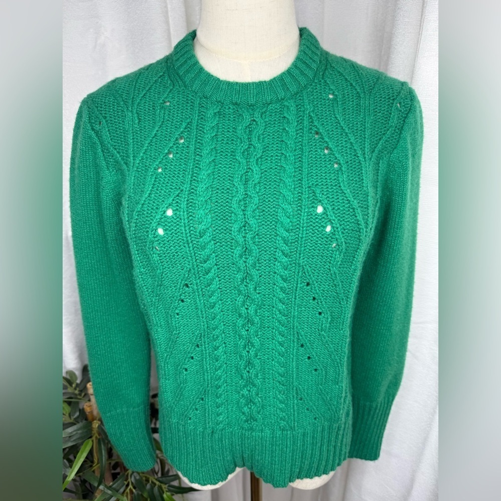 J. Crew Women’s Green Ribbed Crew Neck Cable Knit Sweater Sz Small - Picture 3 of 11